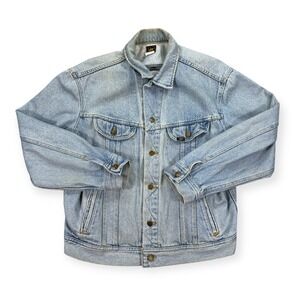 Vintage Lee Trucker Jean Jacket Mens Large Blue Light Wash Made In USA Faded